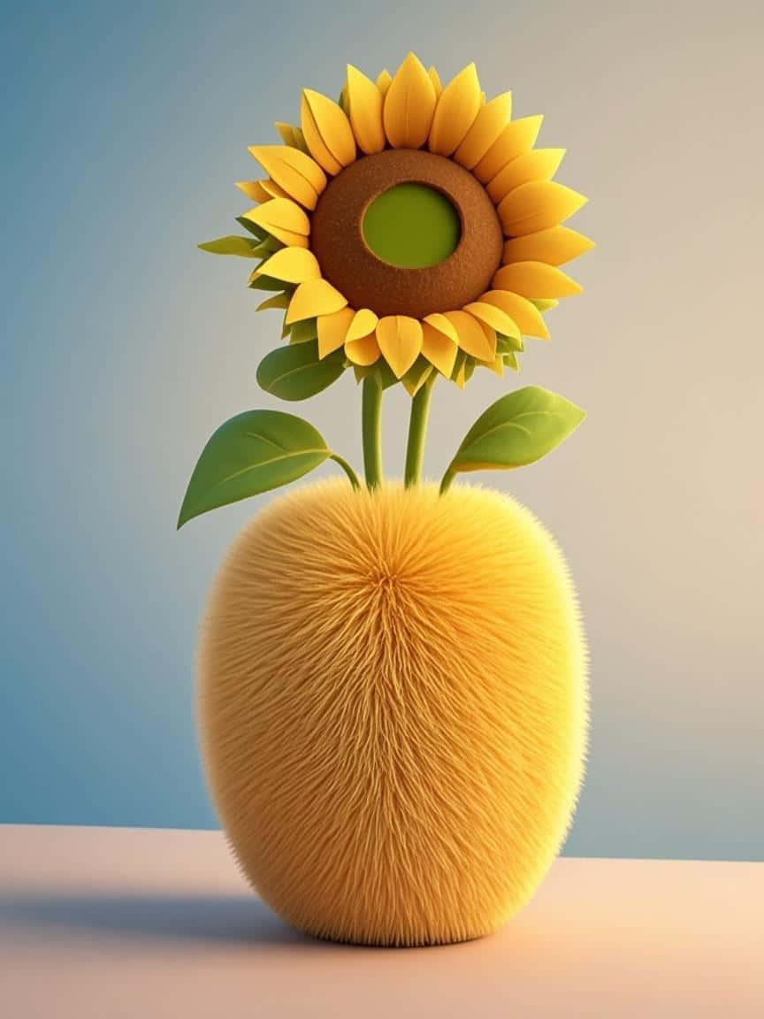 Fluffy Sunflower: Healing & Cute Wallpaper 壁紙 — 一朵鮮豔的黃色向日葵，帶有綠色葉子，從一個毛茸茸的黃色花瓶裡冒出來，背景是柔和的藍色漸層。