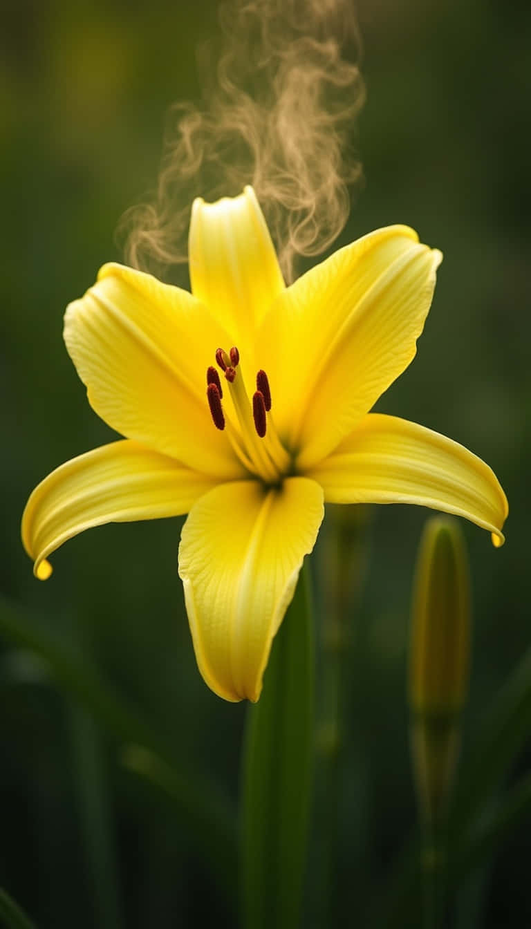 Flower 壁紙 — 一朵鮮豔的黃色百合花盛開，花瓣細膩，煙霧從花心升起，襯托著柔和的綠色背景。