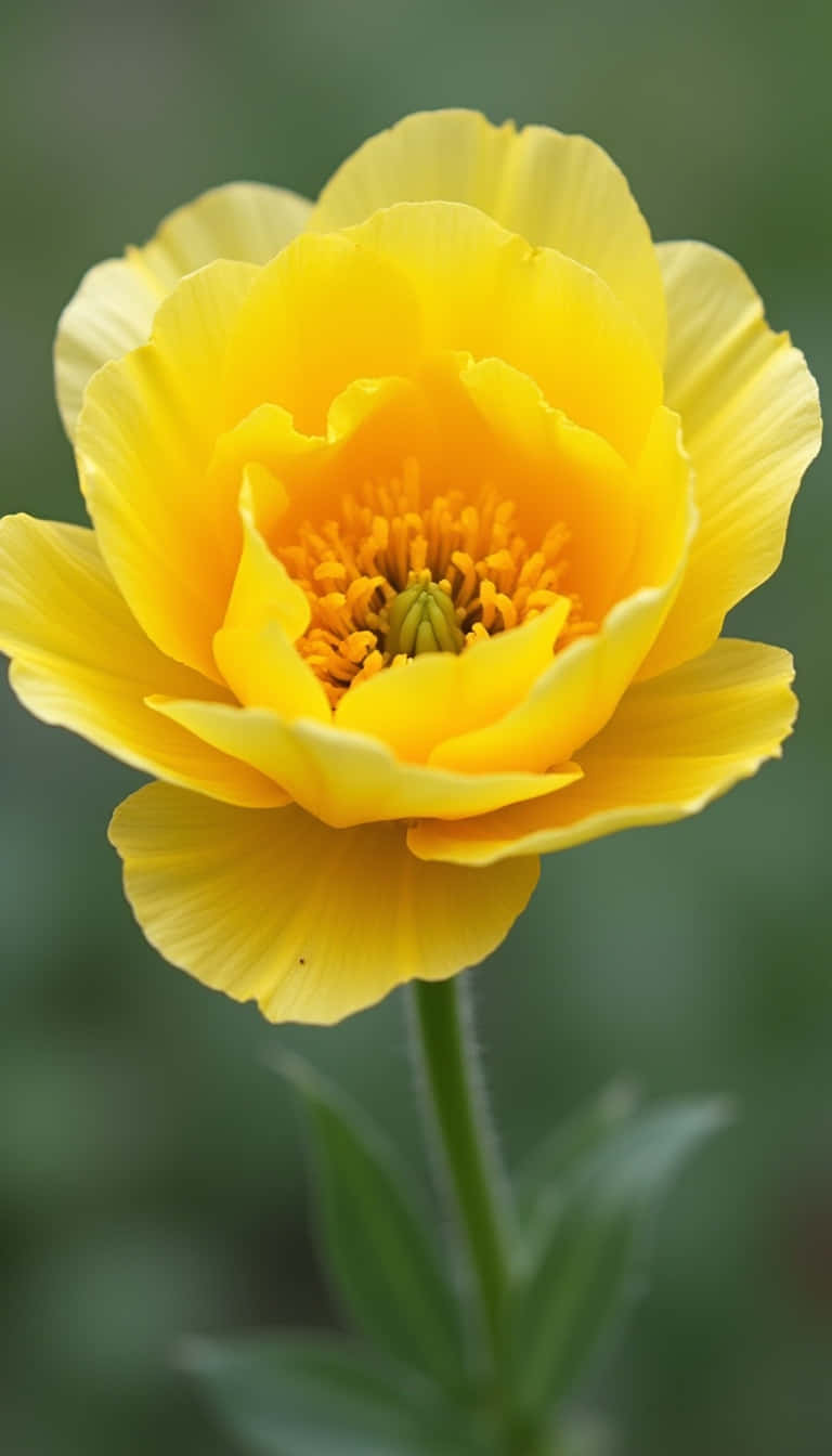 Flower 壁紙 — 一朵鮮豔的黃色花朵，花瓣層層疊疊，中心有密集的雄蕊，在柔和的綠色模糊背景下盛開。