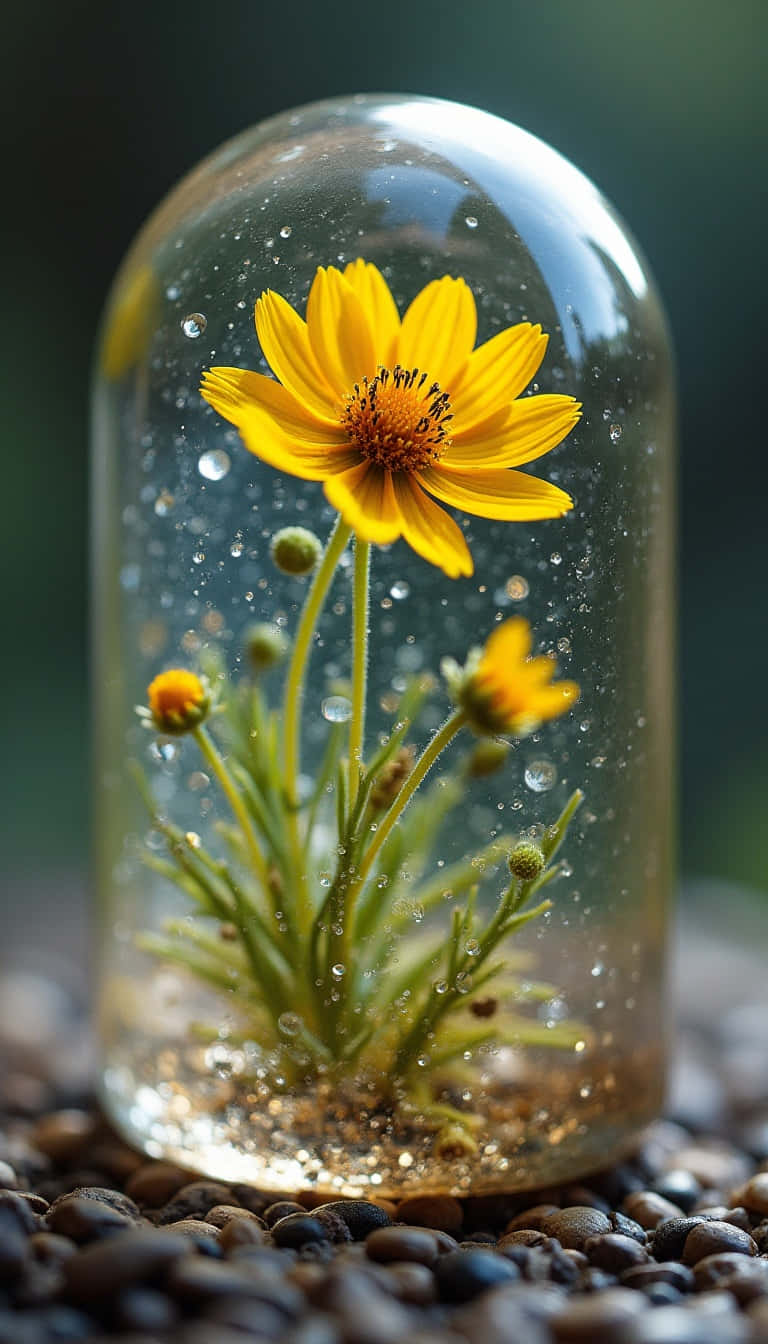 Flower 壁紙 — 一朵鮮豔的黃色花朵在充滿閃爍水滴的玻璃罩下盛開，水滴落在鵝卵石上。
