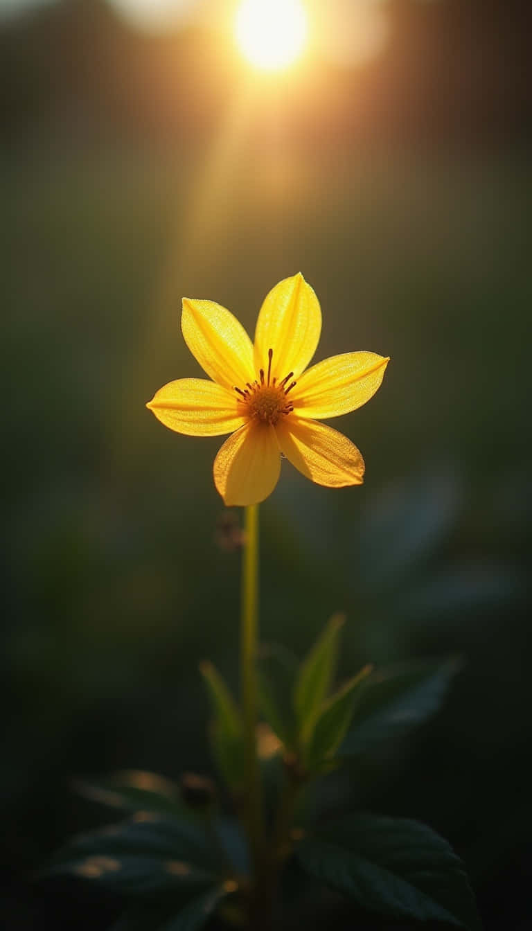 Flower 壁紙 — 一朵鮮豔的黃色花朵在黑暗模糊的背景中發光，背後有明亮的陽光照射。