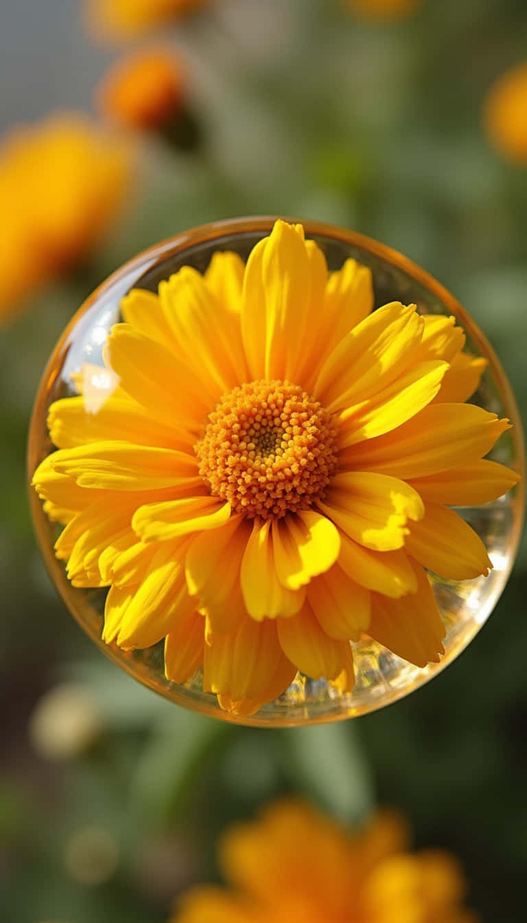 Flower 壁紙 — 一朵鮮豔的黃色花朵完美地框在一個透明玻璃球內，背景是柔和模糊的花園。