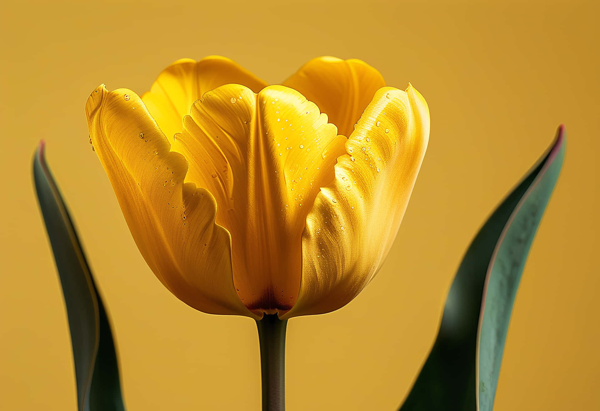 The Elegance of a Bright Yellow Tulip Revived by Raindrops 壁紙 — 一朵鮮豔的黃色鬱金香，帶有露珠，在溫暖的金色背景和深綠色葉子的襯托下閃閃發光。