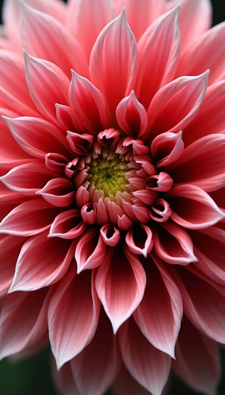 Flower 壁紙 — 一朵鮮豔粉紅色大理花的特寫，花瓣層層疊疊，中心綠色，背景為深色模糊。