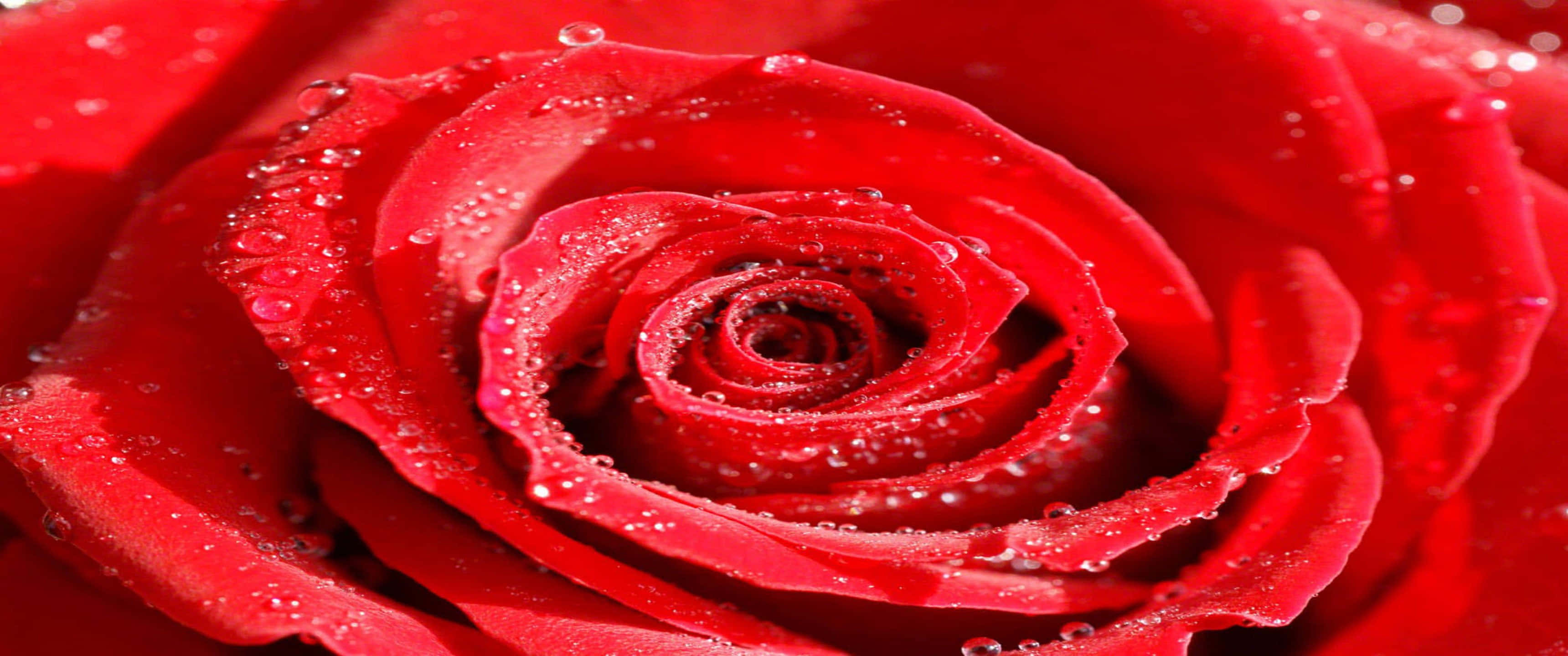 3440x1440p Roses 桌布 壁紙 — 一朵鮮豔紅玫瑰的特寫，露珠在柔和的日光下在其天鵝絨般的花瓣上閃閃發光。