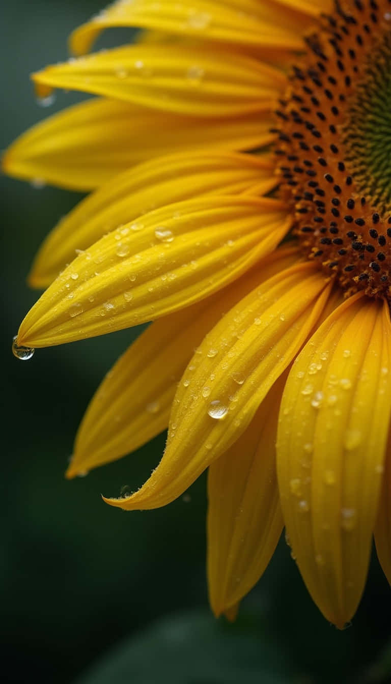 Flower 壁紙 — 一朵鮮豔黃色向日葵的特寫，花瓣上閃爍著露珠，背景為深綠色。