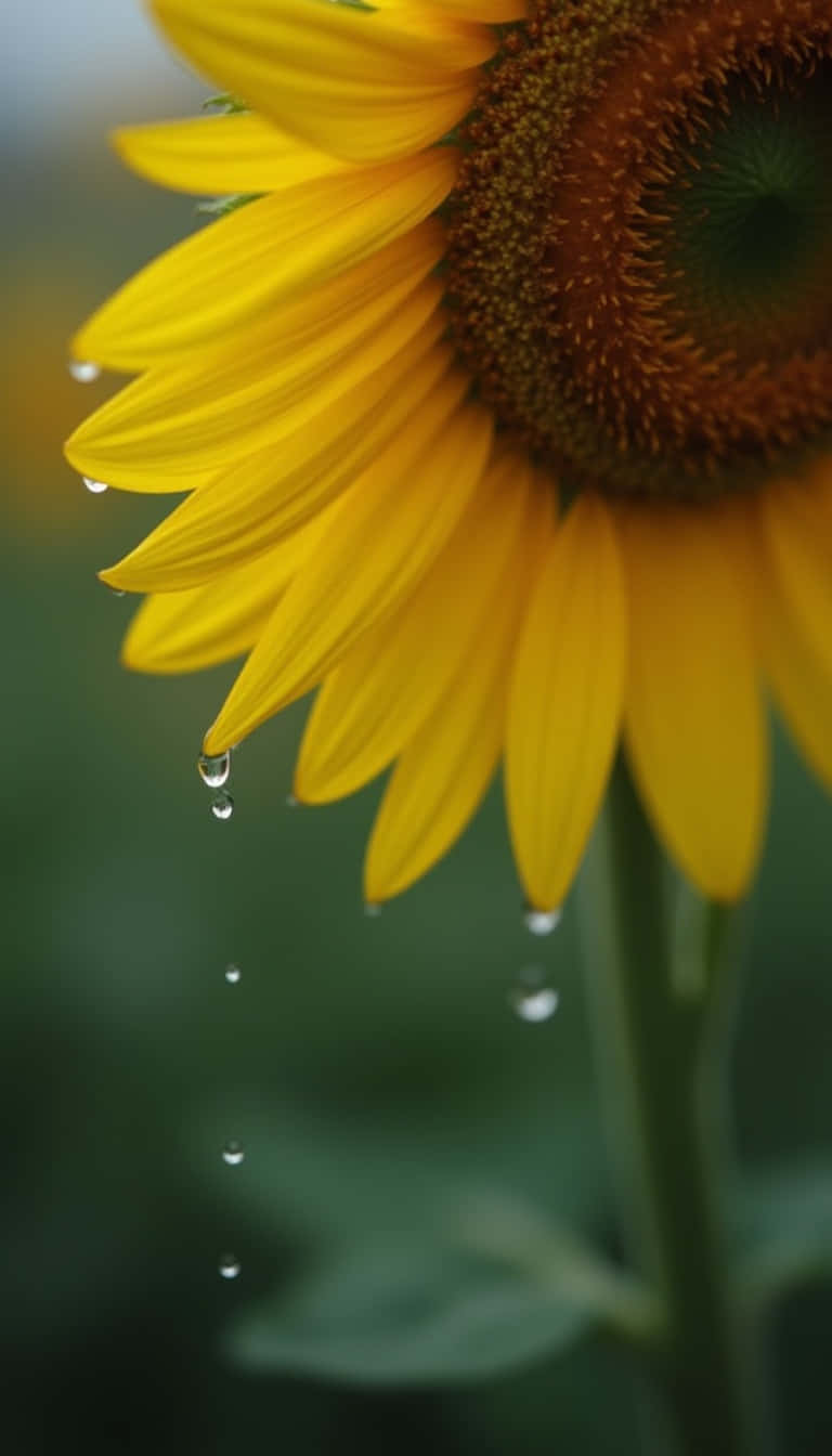 Flower 壁紙 — 一朵鮮黃色向日葵的特寫，水滴從花瓣上傾瀉而下，背景是柔和的綠色模糊。