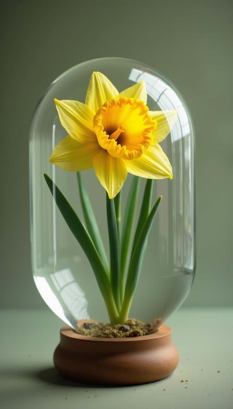 Flower 壁紙 — 一朵鮮黃色的水仙花，帶有皺褶的橙色中心，在木底座上的玻璃罩下盛開。