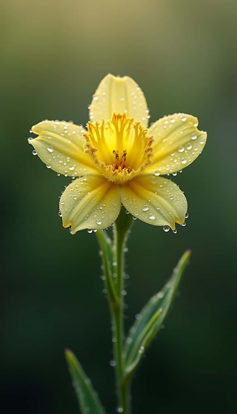 Flower 壁紙 — 一朵鮮黃色的水仙花，帶有露珠，在柔和的模糊綠色背景下閃閃發光。