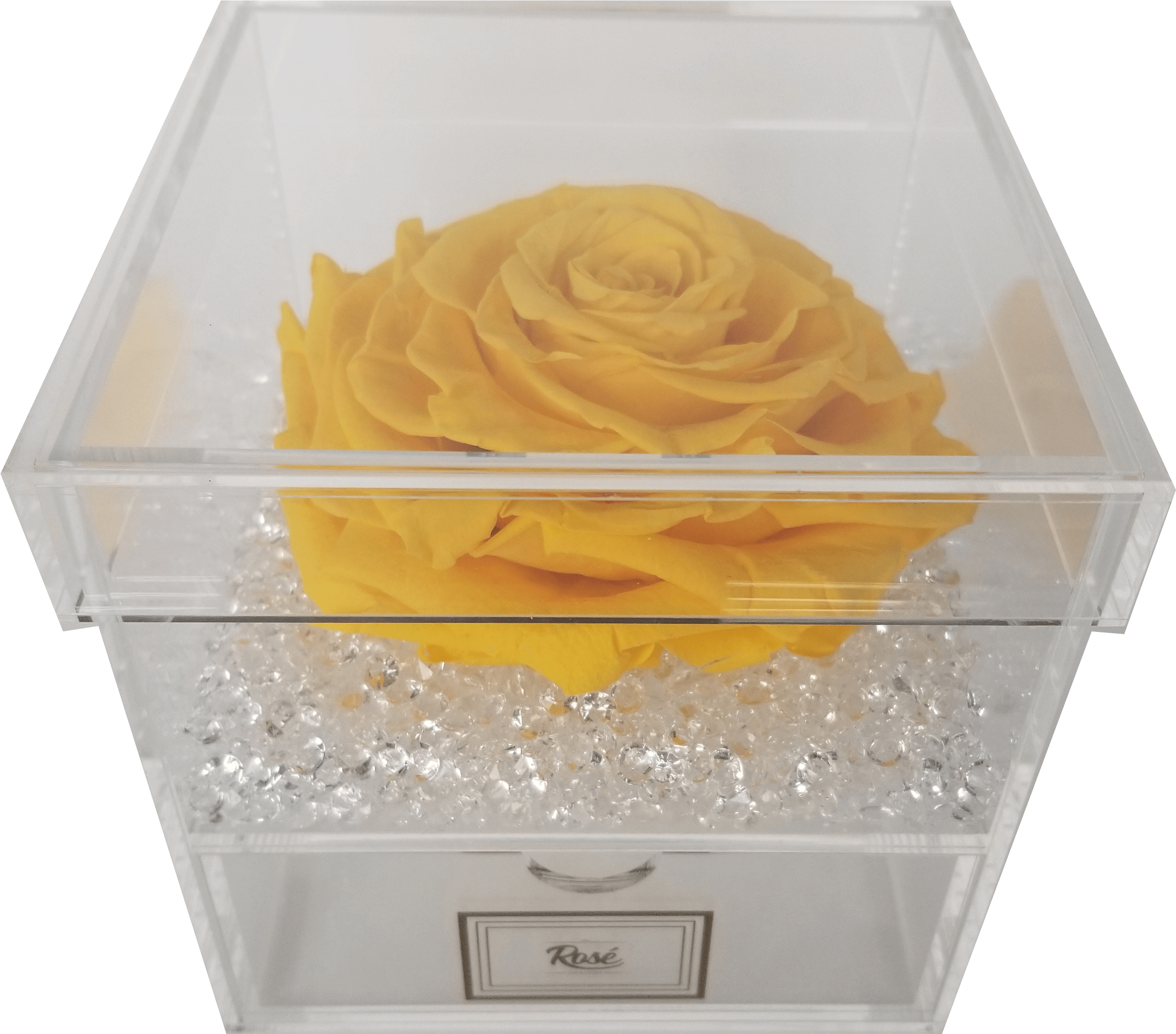 Yellow Flower 桌布 壁紙 — 一朵鮮黃色的永生玫瑰優雅地放置在一個裝滿閃亮水晶的透明壓克力盒子中。