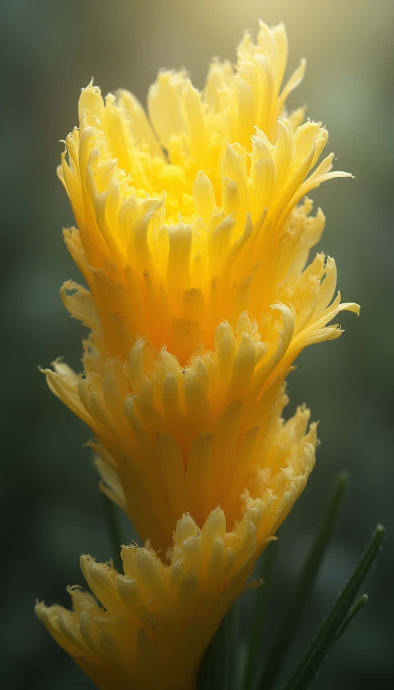Flower 壁紙 — 一朵鮮黃色的花，帶有羽毛狀、層層疊疊的花瓣，在模糊的綠色背景下以柔和焦點呈現。