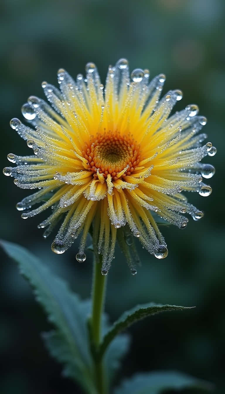 Flower 壁紙 — 一朵鮮黃色的花朵，露珠依附在它精緻的花瓣上，背景是柔和的綠色。