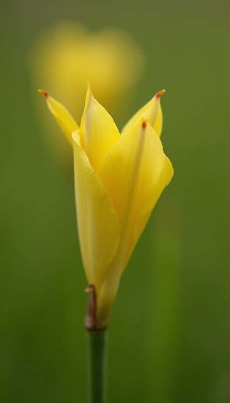 Flower 壁紙 — 一朵鮮黃色的花蕾，帶有尖尖的花瓣，在柔和的綠色模糊背景中高高聳立。