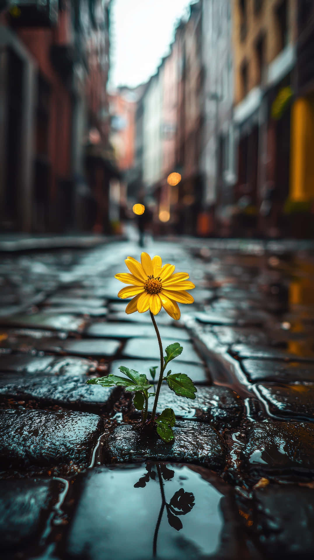 Resilient Yellow Flower Growing Hope Through Wet Cobblestone Street 壁紙 — 一朵鮮黃色的雛菊從濕漉漉的鵝卵石小巷中頑強綻放，遠處有模糊的溫暖燈光。