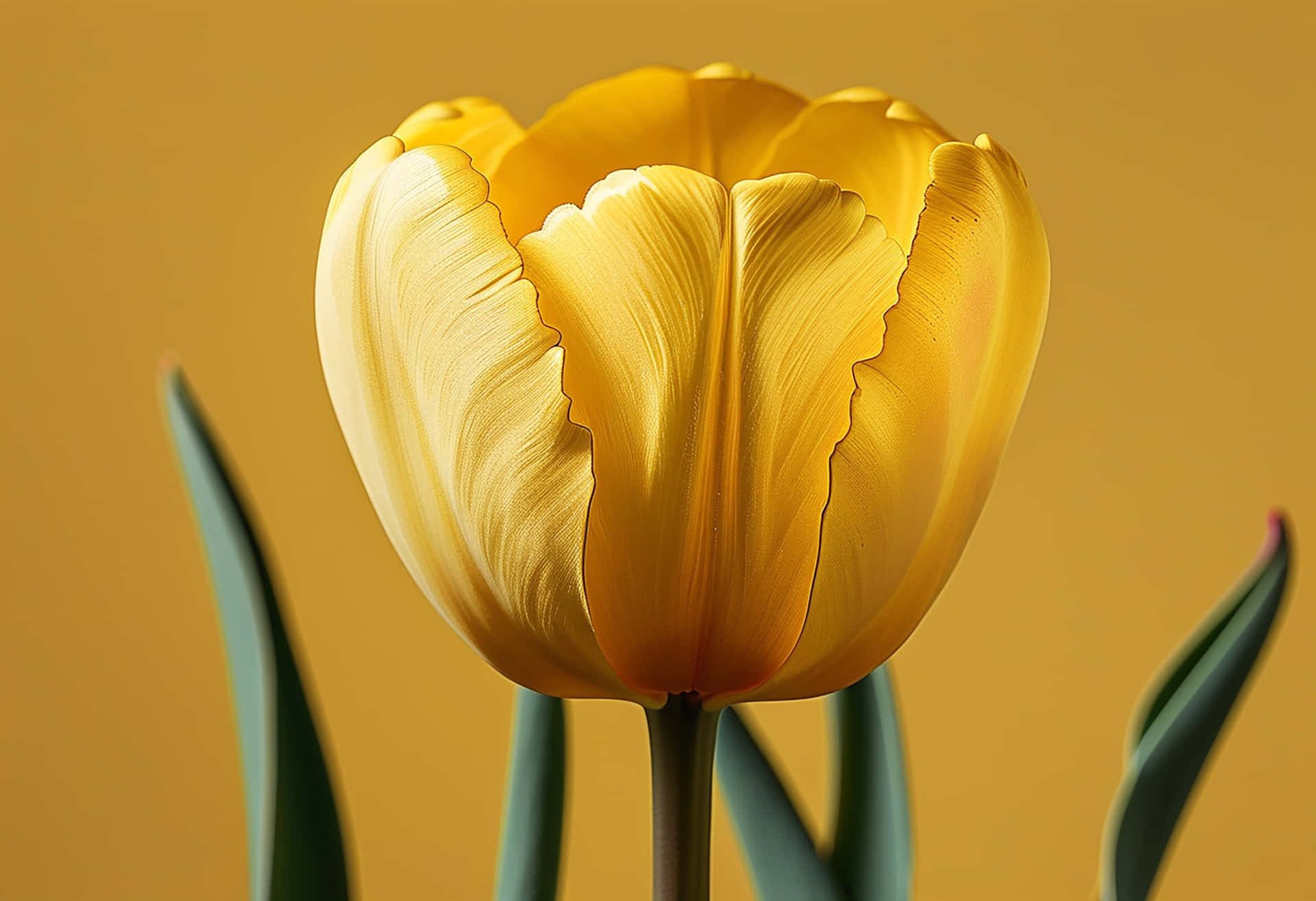 The Elegance of a Bright Yellow Tulip Revived by Raindrops 壁紙 — 一朵鮮黃色鬱金香的近距離特寫，花瓣紋理細膩，襯托著溫暖的金色背景。