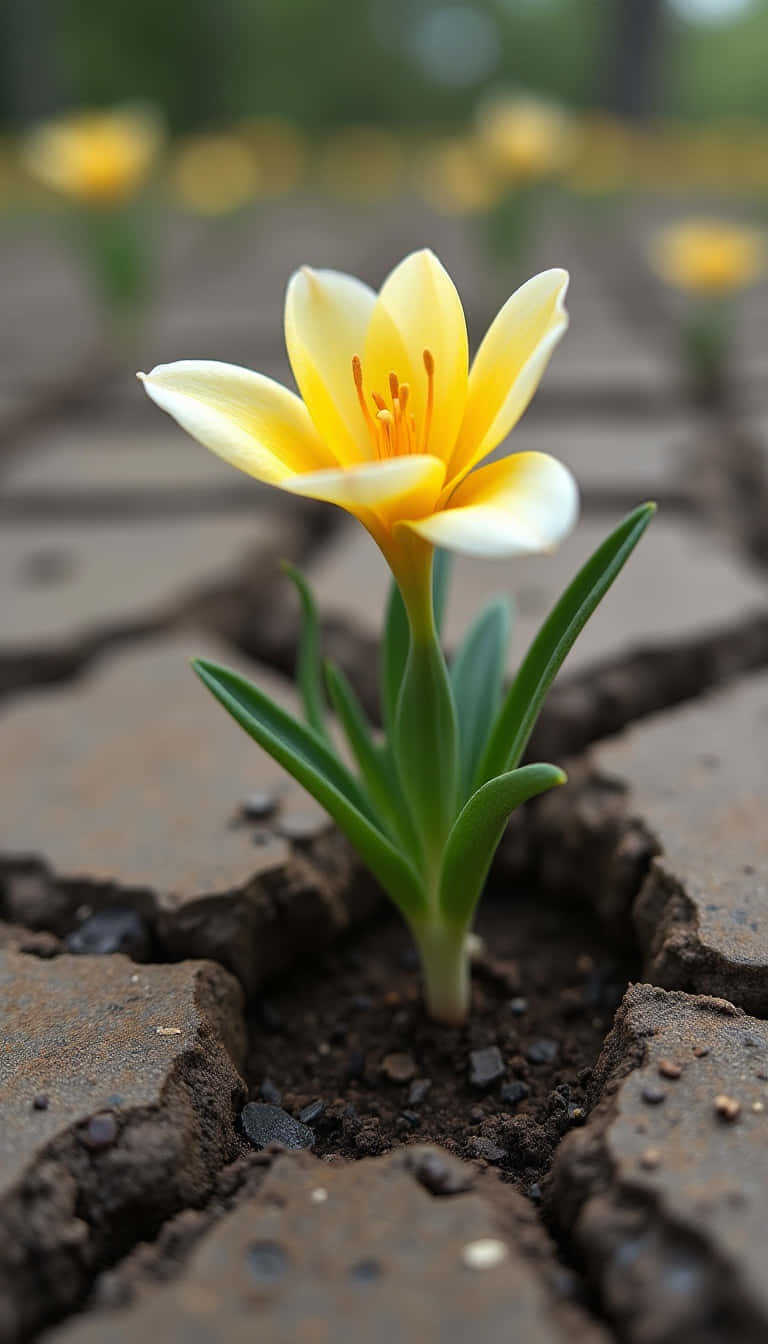 Flower 壁紙 — 一朵黃色番紅花從龜裂的泥土中頑強綻放，背景是模糊的黃色花朵。