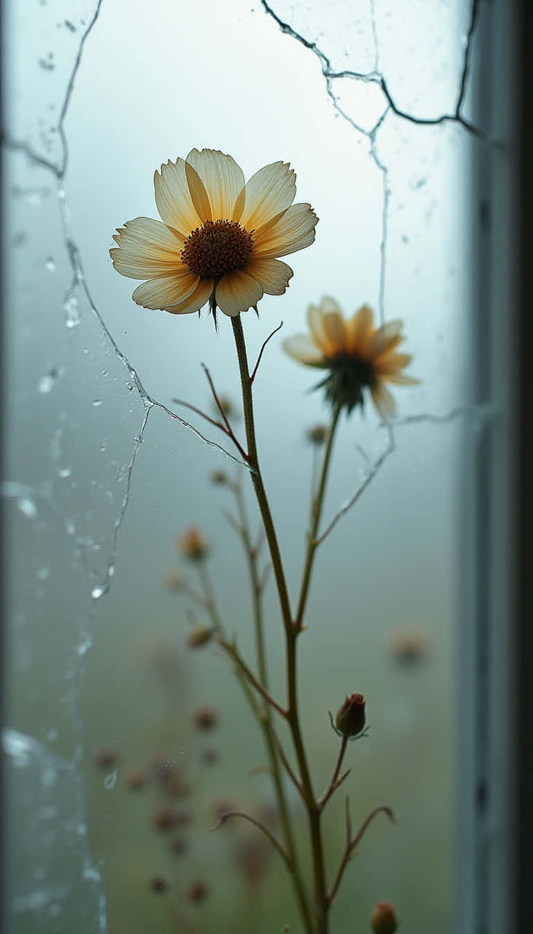Flower 壁紙 — 一朵黃色花朵穿過佈滿裂痕和雨水的窗戶綻放，背景柔和模糊。