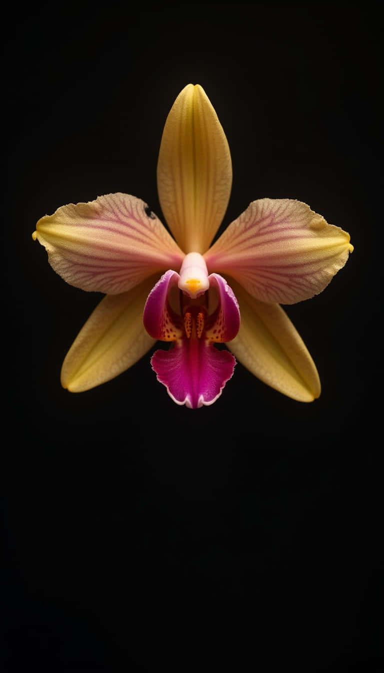 Flower 壁紙 — 一朵黃色花瓣、洋紅色中心的蘭花，在純黑色背景上盛開。