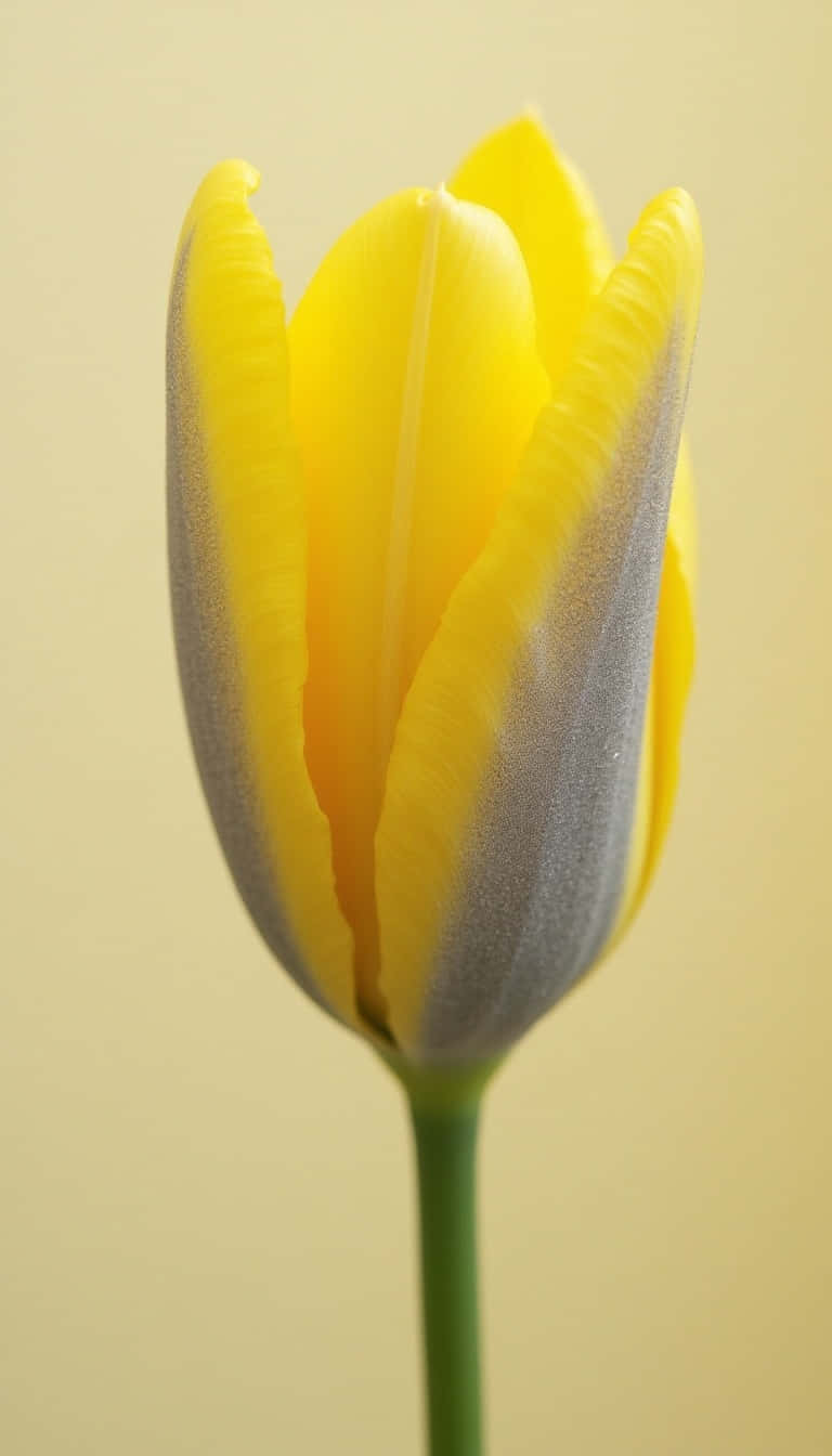 Flower 壁紙 — 一朵黃色鬱金香的近距離特寫，帶有灰藍色的下部花瓣，背景為柔和的米色。