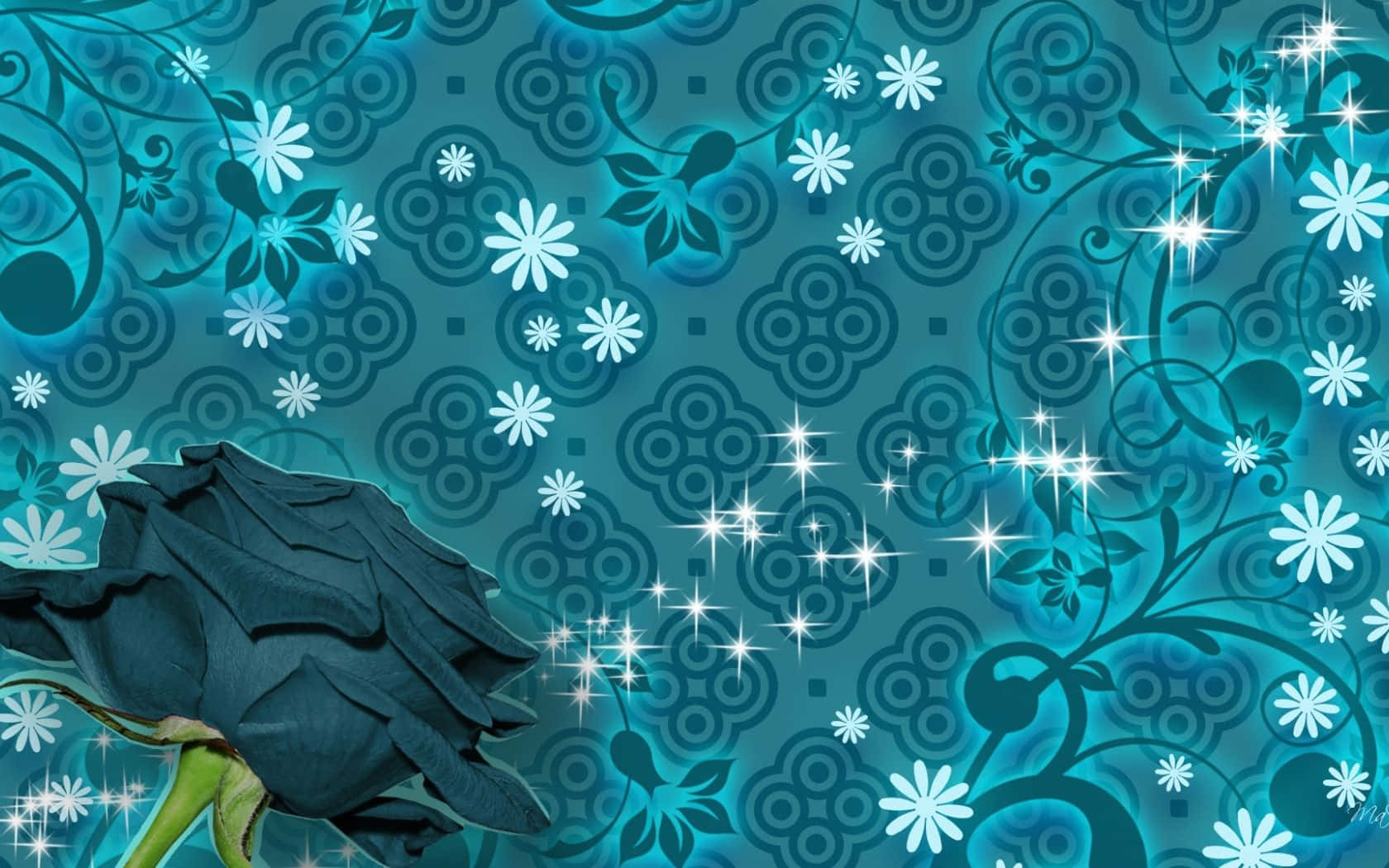 Teal Flower 桌布 壁紙 — 一朵黑玫瑰在帶有閃爍白色星星和旋轉藤蔓的藍綠色花卉圖案背景上盛開。