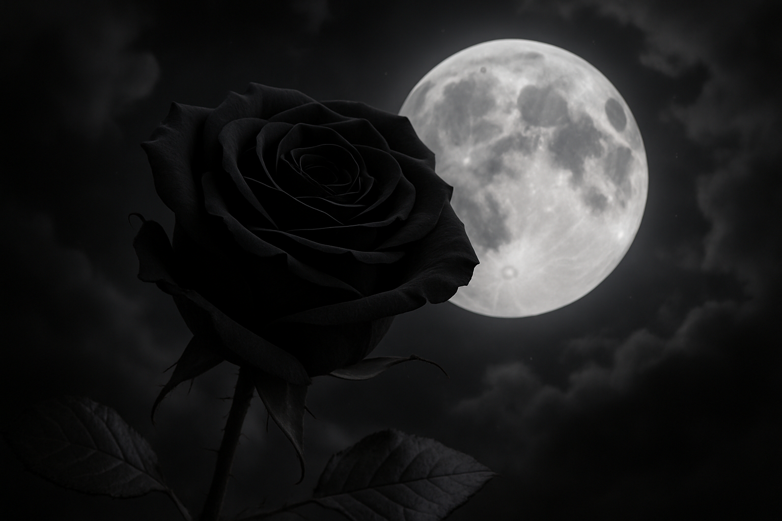 Rose Aesthetic 桌布 壁紙 — 一朵黑玫瑰在戲劇性的夜空下綻放，背景是明亮的滿月和漩渦狀的雲層。