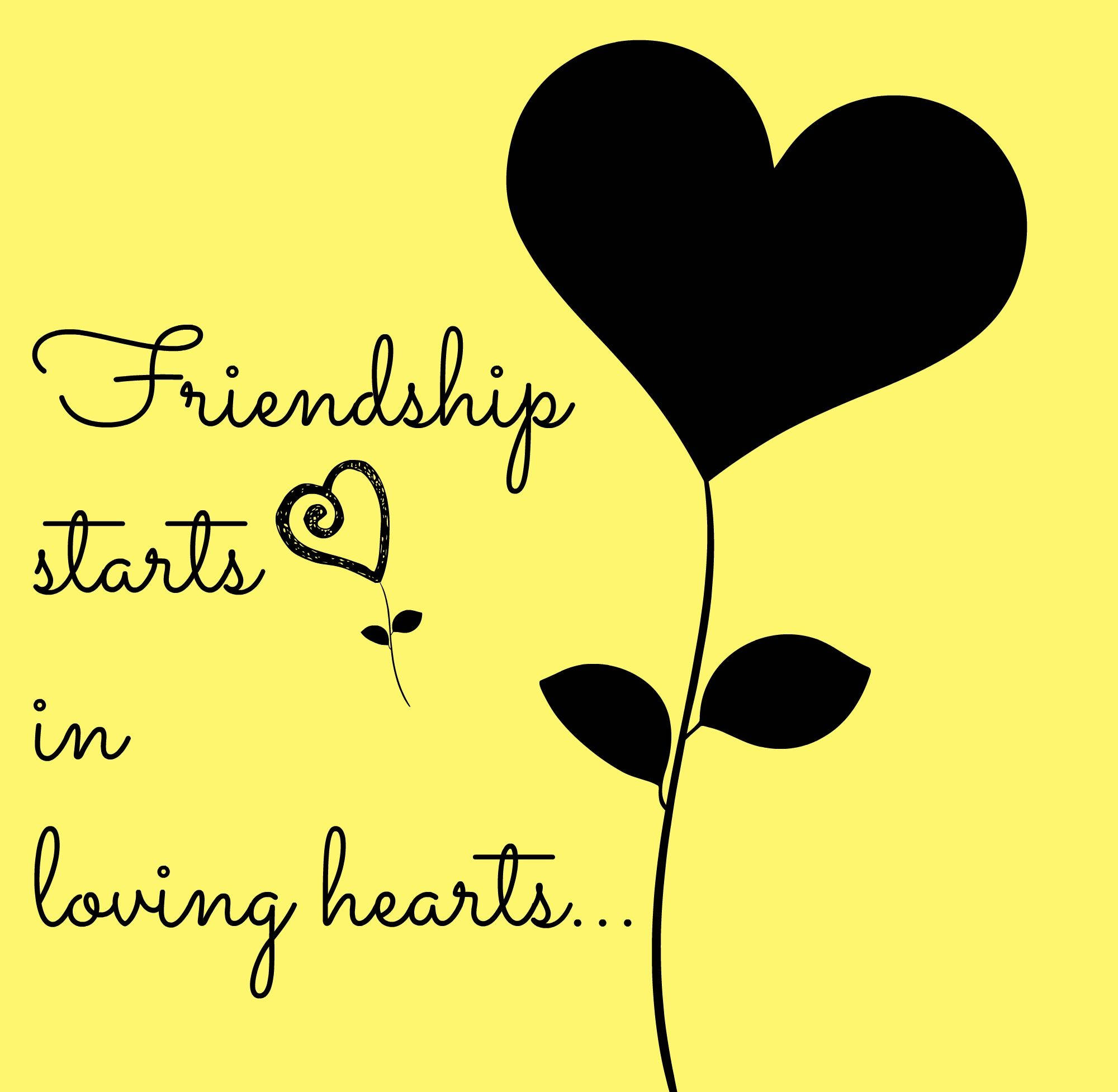 Friendship Quotes 桌布 壁紙 — 一朵黑色心形花朵從帶葉的莖上生長，背景為亮黃色，並有斜體文字寫著「Friendship starts in loving hearts」。