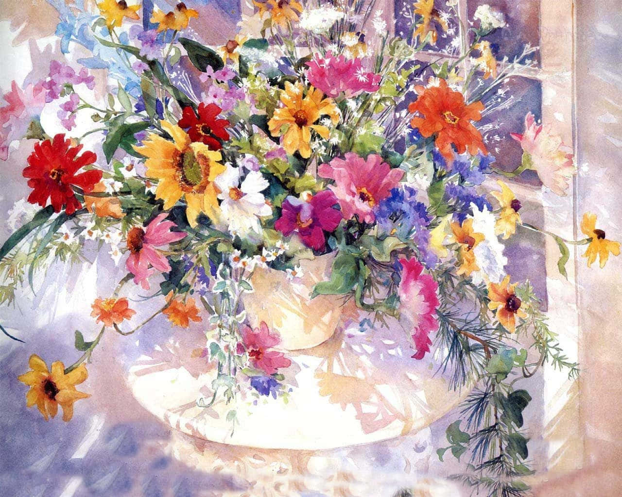 Paint Art 桌布 壁紙 — 一束充滿活力的水彩向日葵、百日菊和雛菊從陽光普照的窗台上的陶瓷花瓶裡溢出來。