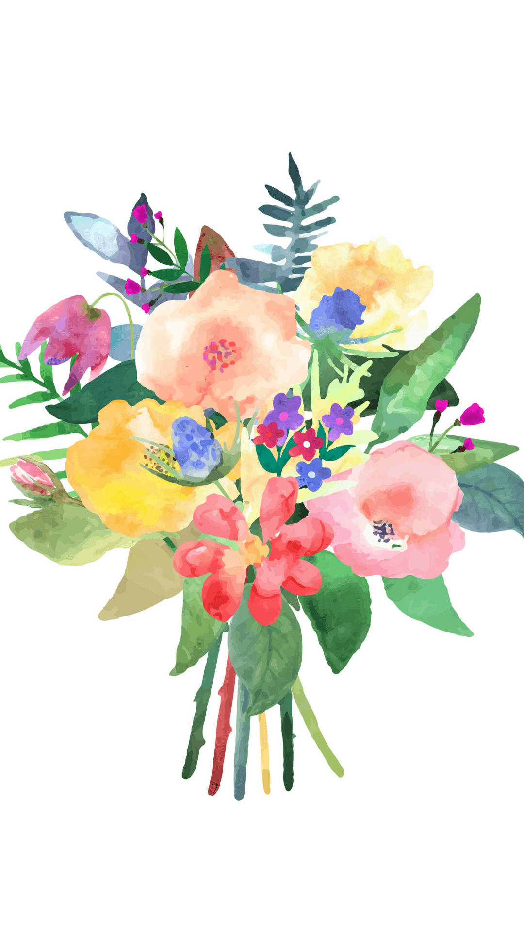 花卉 桌布 壁紙 — 一束充滿活力的水彩花束，包含各種花卉和綠植，柔和粉彩調，襯以潔白背景。