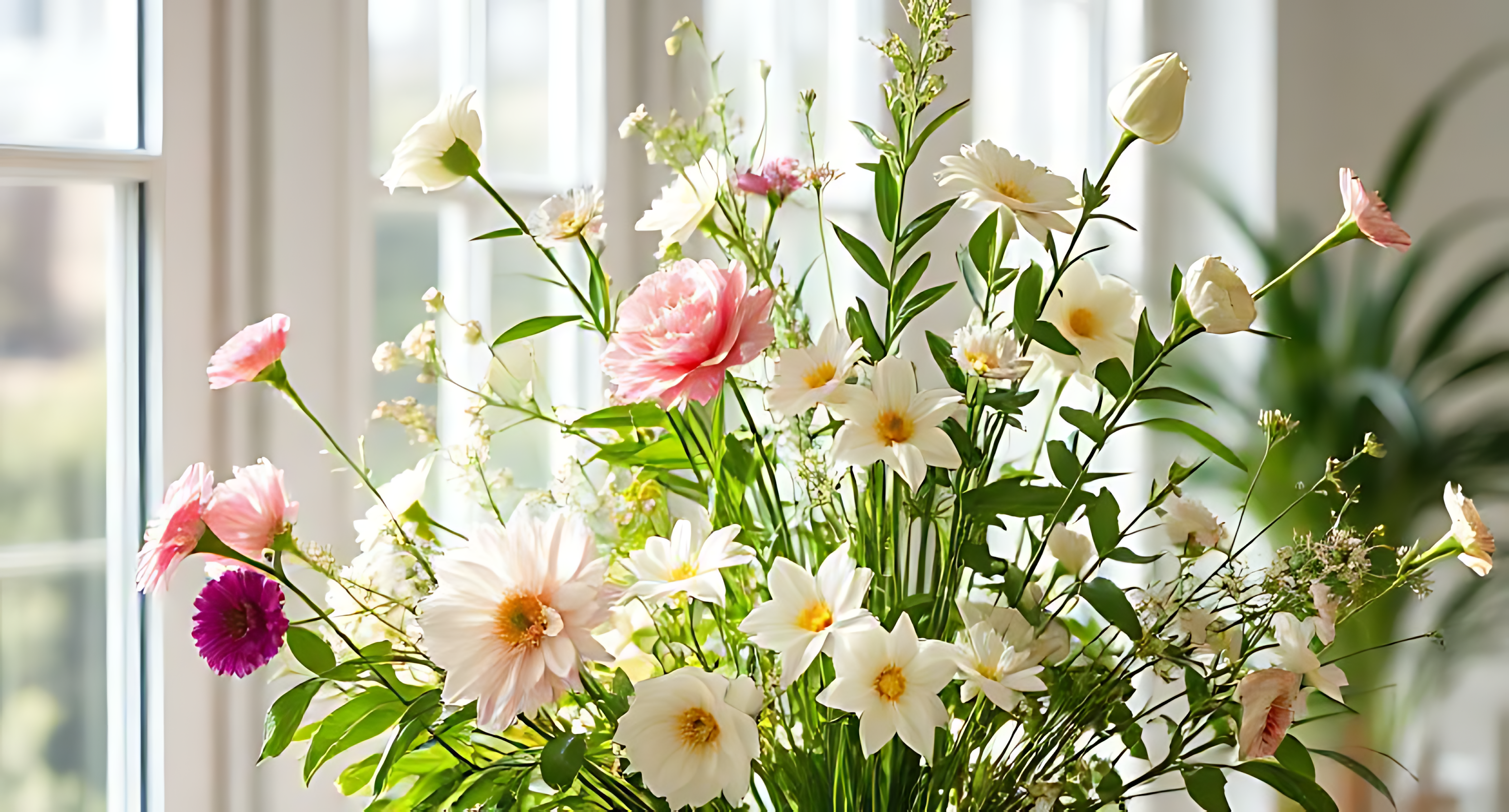 Flowers 桌布 壁紙 — 一束充滿活力的白色、粉紅色和紫色花朵，綠色莖幹，沐浴在窗邊柔和自然光中。