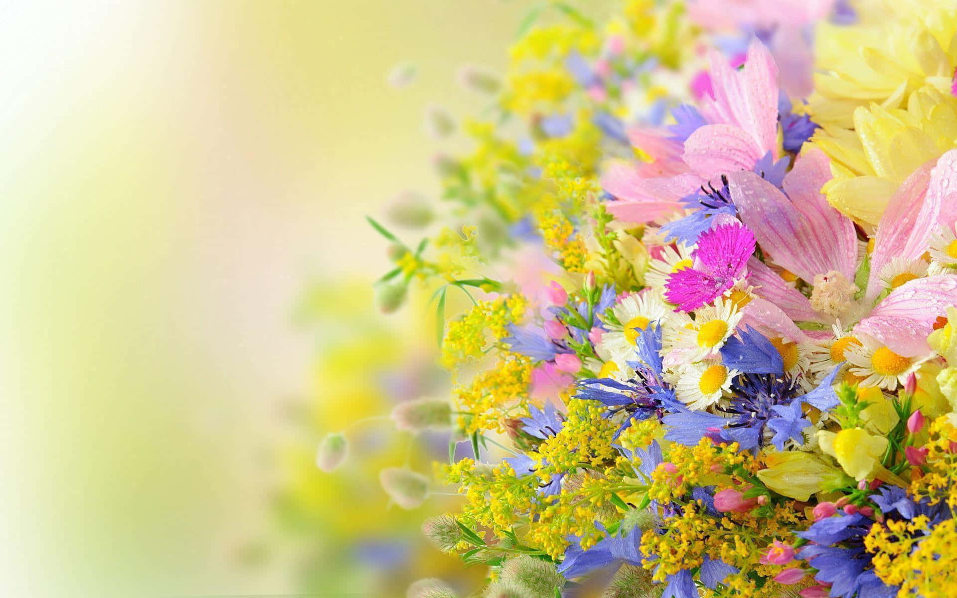 Prayer 桌布 壁紙 — 一束充滿活力的粉紅、黃色和藍色野花，帶有在柔和陽光下閃閃發光的露珠。