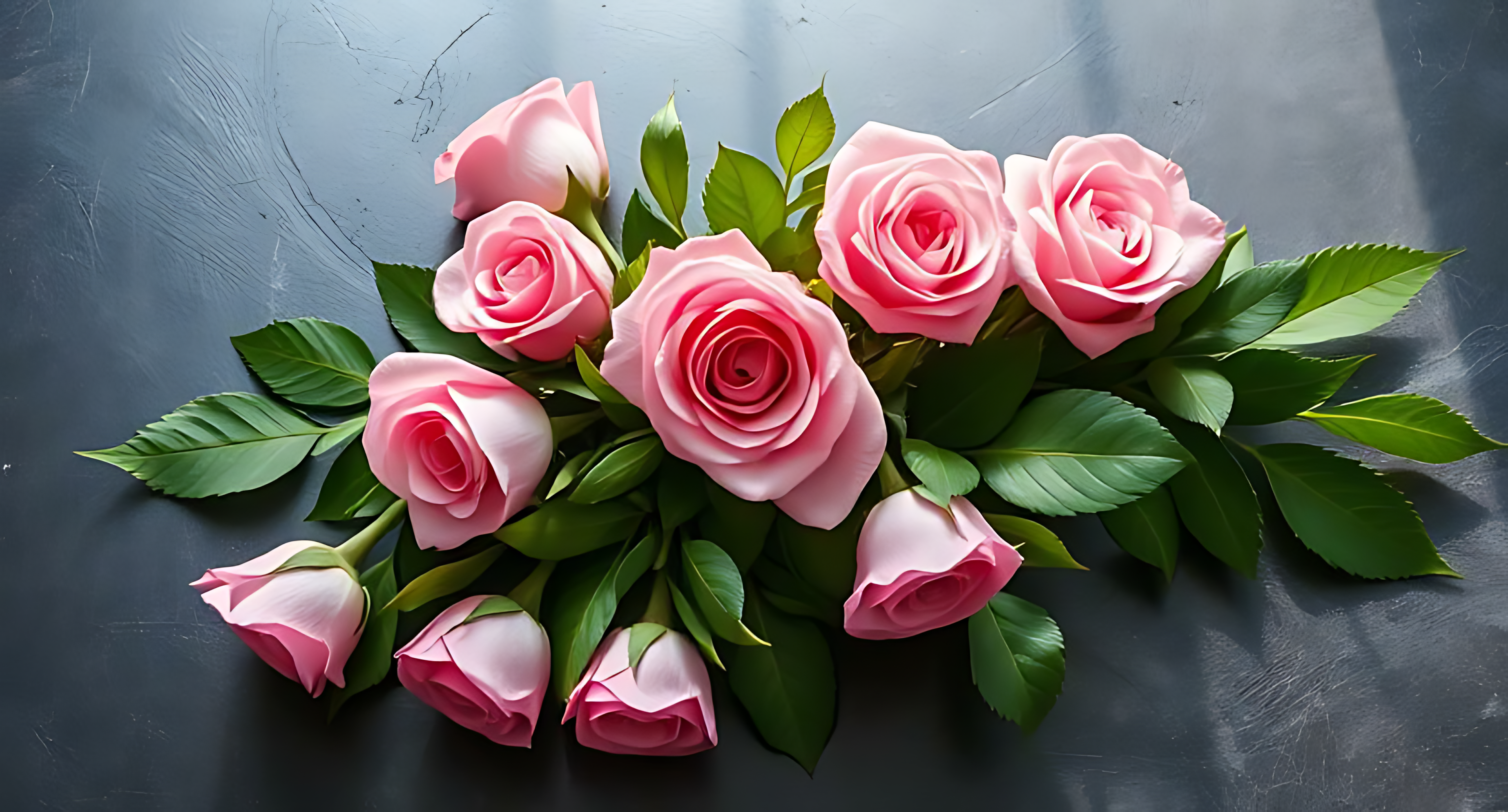 Pink Roses 桌布 壁紙 — 一束充滿活力的粉紅玫瑰，搭配茂盛的綠葉，放在有紋理的深灰色表面上。