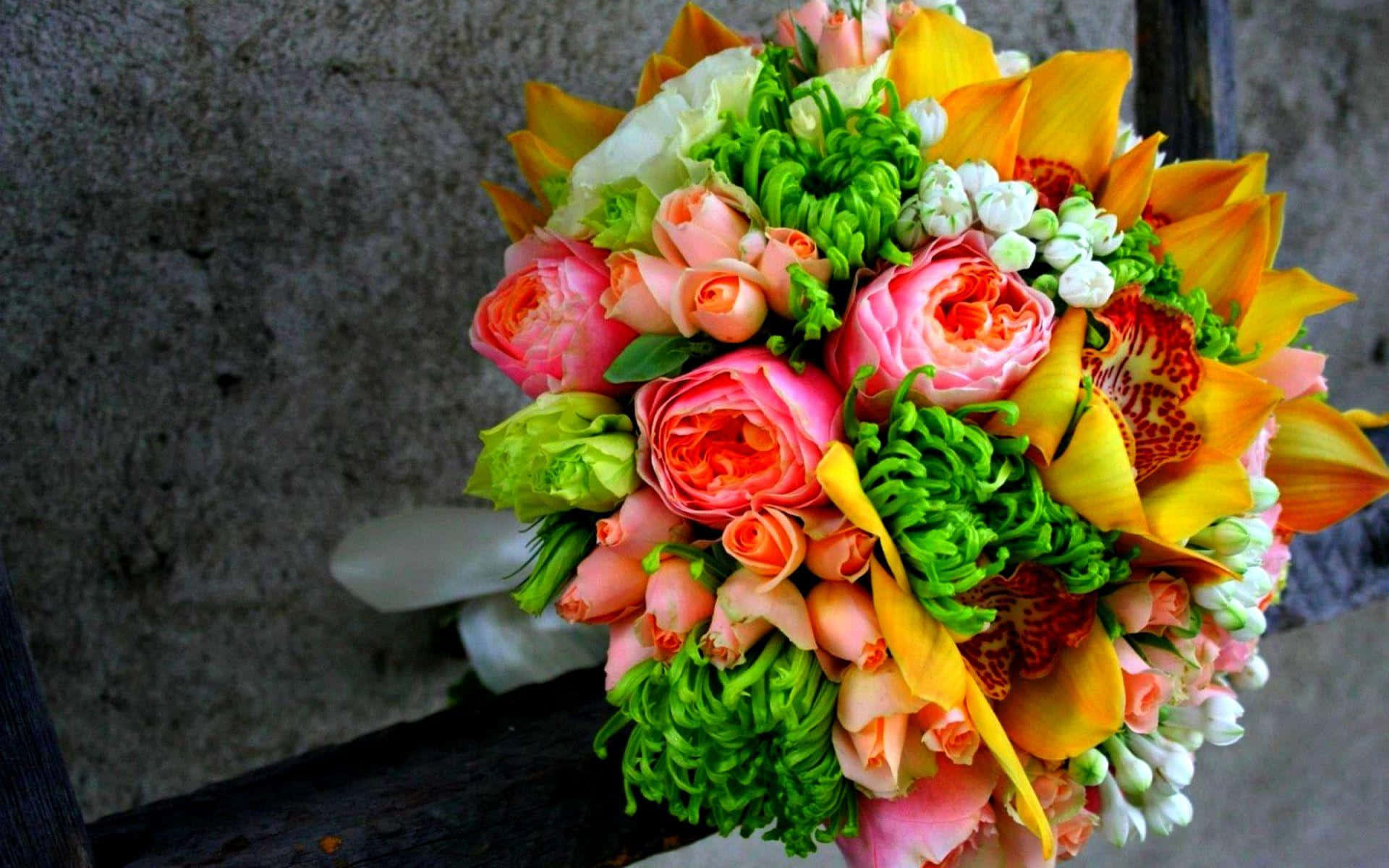 玫瑰花 桌布 壁紙 — 一束充滿活力的粉紅玫瑰、橙色百合和綠色葉子，靠在有紋理的灰色石牆上。