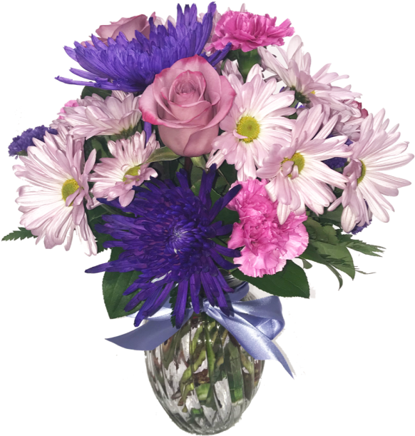 Pink Flowers 桌布 壁紙 — 一束充滿活力的粉紅玫瑰、雛菊和紫色花朵，插在一個繫著藍色絲帶的水晶花瓶中。