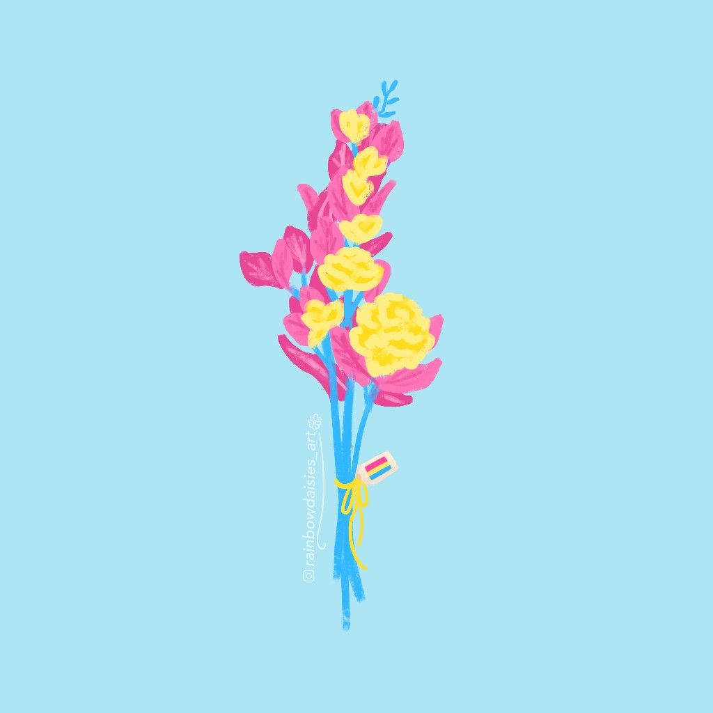 Pansexual 桌布 壁紙 — 一束充滿活力的粉紅色和黃色花朵，用黃色絲帶綁著，襯托在柔和的藍色背景上。