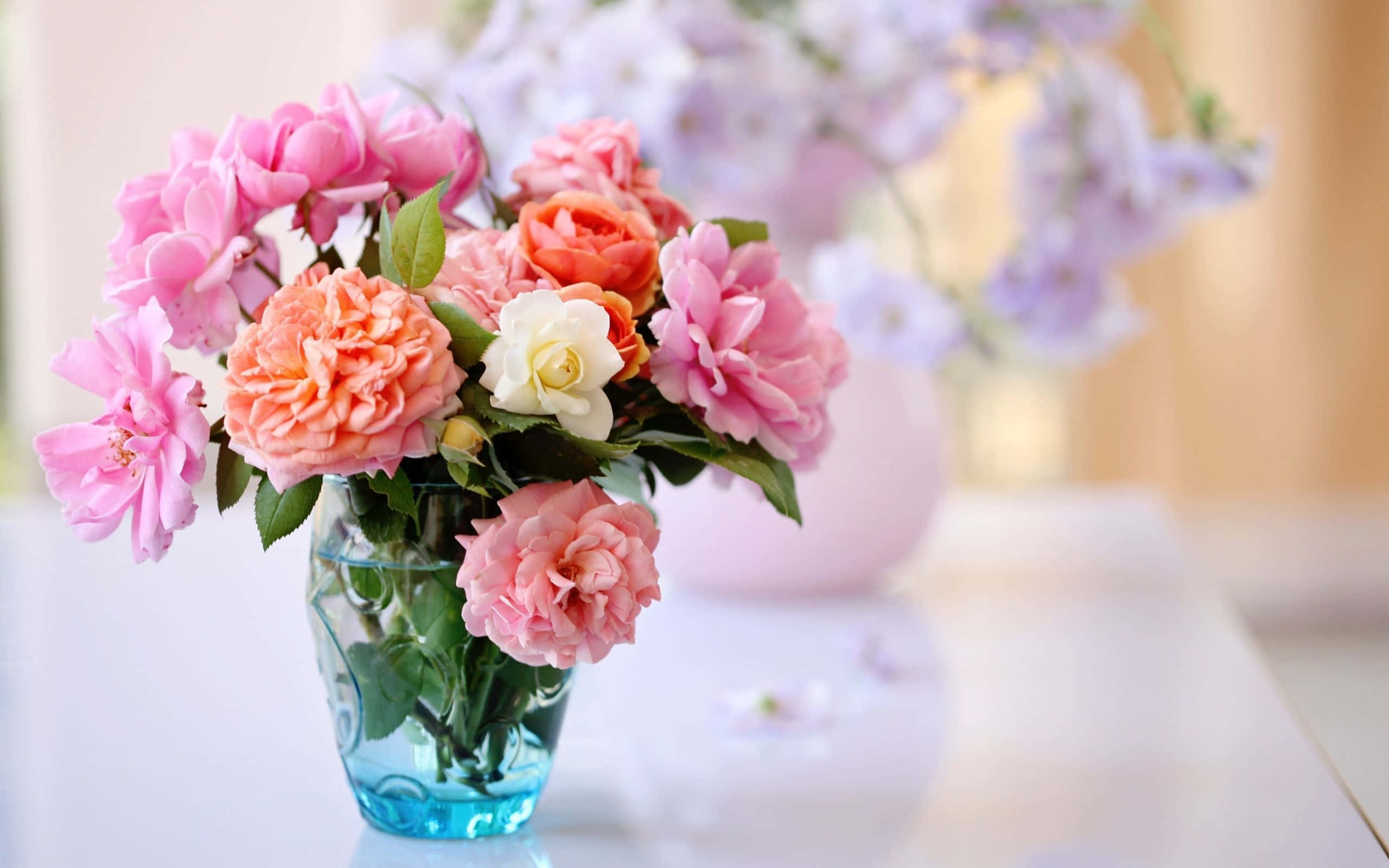 Floral Arrangement 桌布 壁紙 — 一束充滿活力的粉紅蜜桃色和白色玫瑰，插在藍色玻璃花瓶裡，放在白色桌子上，背景有柔和模糊的薰衣草花。