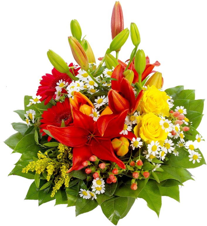Bouquet Of Flowers 桌布 壁紙 — 一束充滿活力的紅百合、非洲菊雛菊和黃玫瑰，周圍環繞著綠葉和小白雛菊。