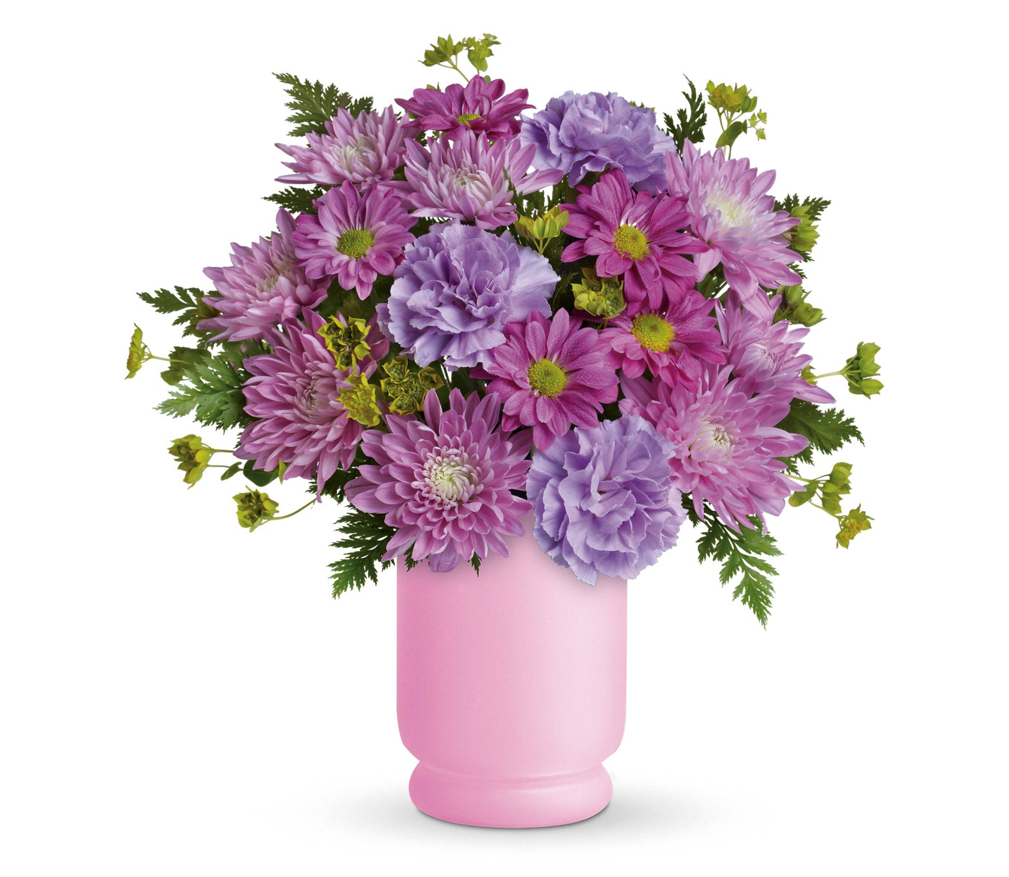 Flowers 桌布 壁紙 — 一束充滿活力的紫色和粉紅色菊花，搭配綠色葉子，插在一個霧面粉紅色花瓶裡，背景是純白色。