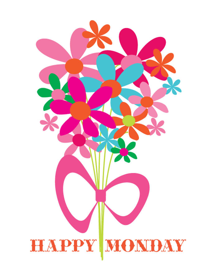 Happy Monday 桌布 壁紙 — 一束充滿活力的風格化花朵，有粉紅、藍、橙和綠色，繫著粉紅蝴蝶結，並寫有happy monday文字。