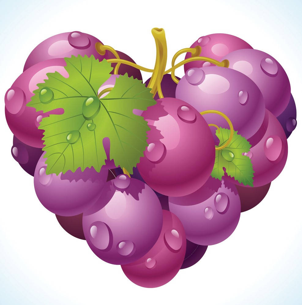 Grape 桌布 壁紙 — 一束光澤的紫色葡萄，帶有綠葉和露珠，襯托在柔和的白色背景上。