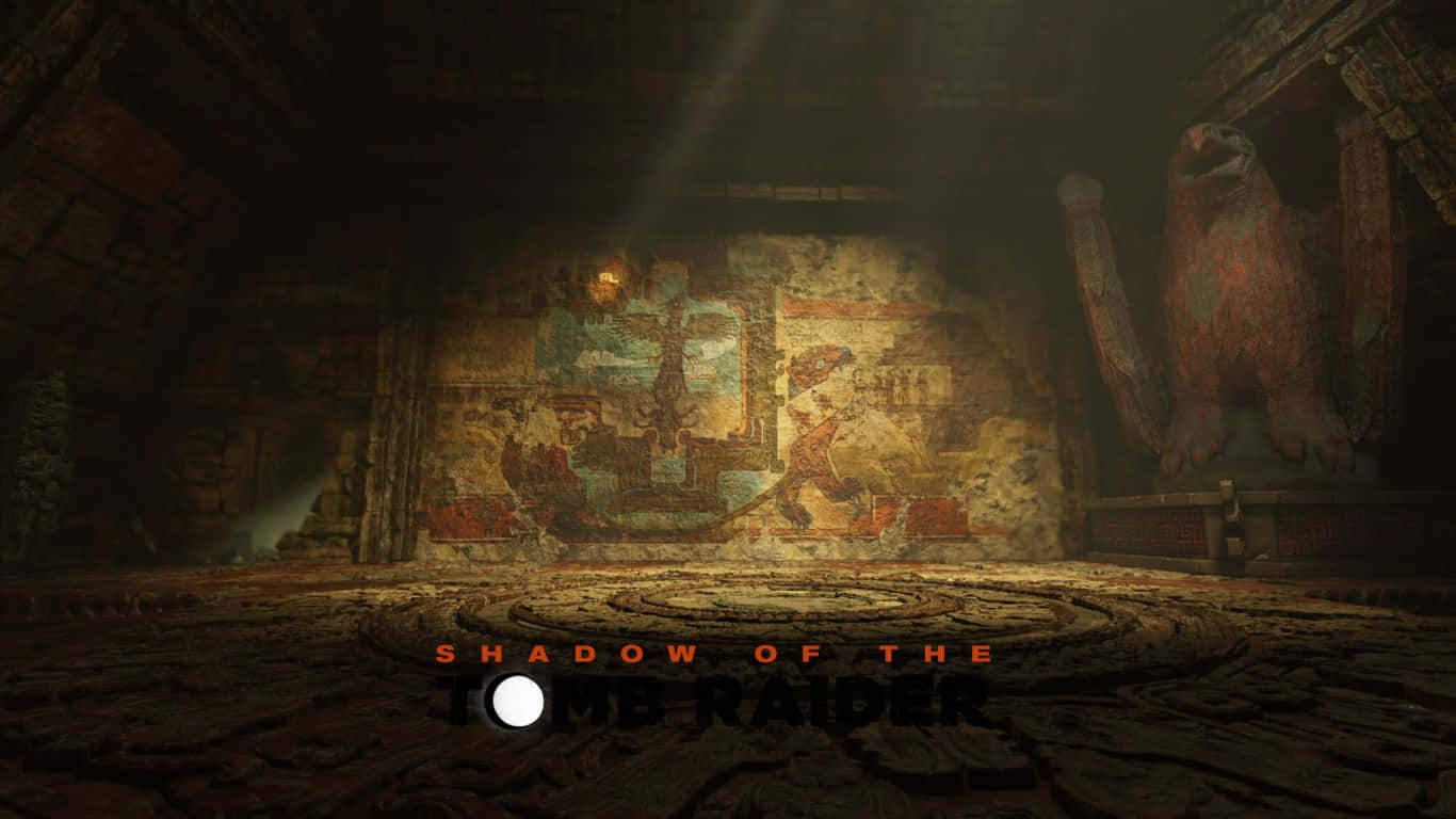 Gaming Banner 桌布 壁紙 — 一束光線照亮了黑暗、破敗的墓室中的古代壁畫和石鷹雕像。