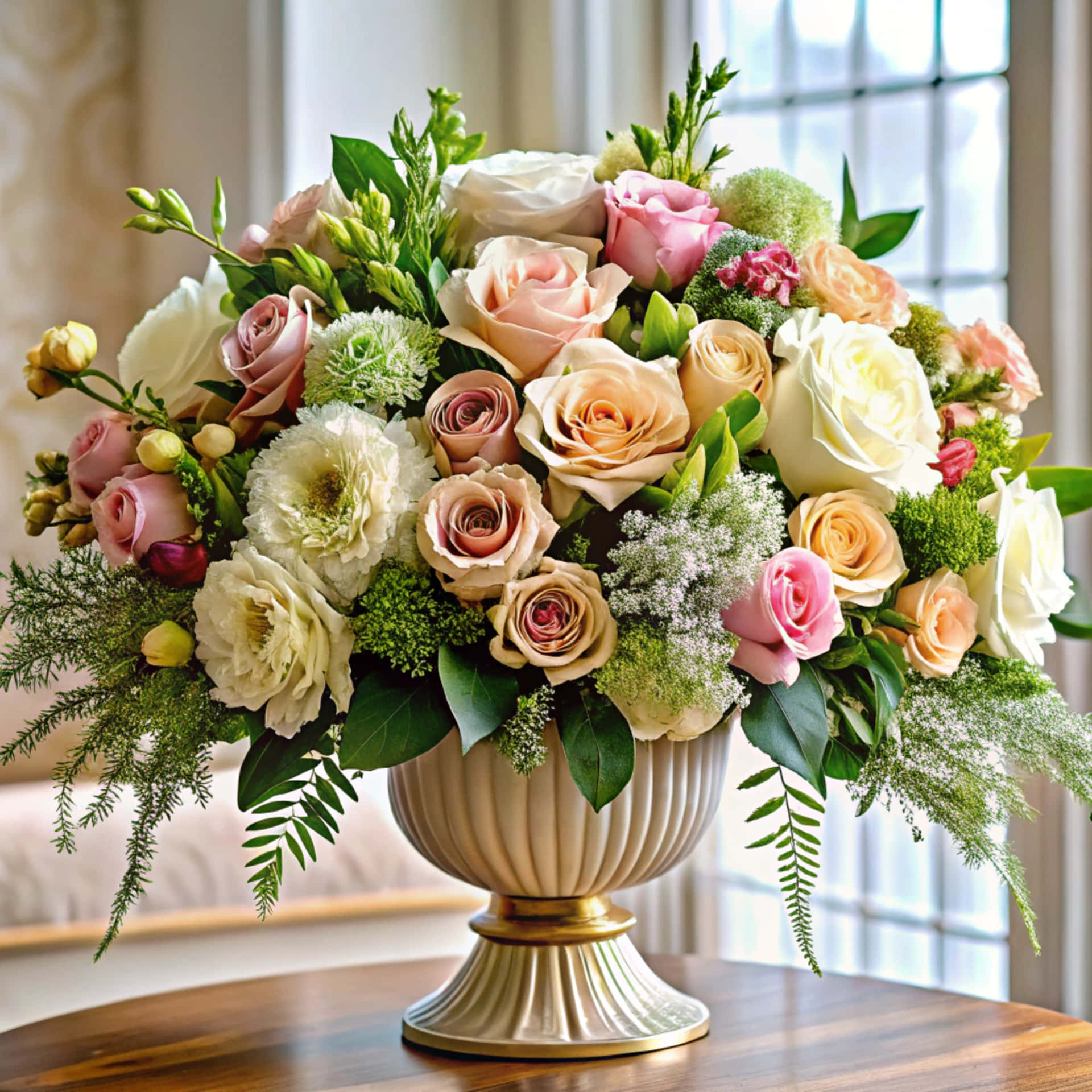 Floral composition 壁紙 — 一束奢華的粉紅蜜桃色和奶油色玫瑰，搭配綠色植物，放在一個帶金色底座的奶油色棱紋花瓶裡，置於窗邊的木桌上。