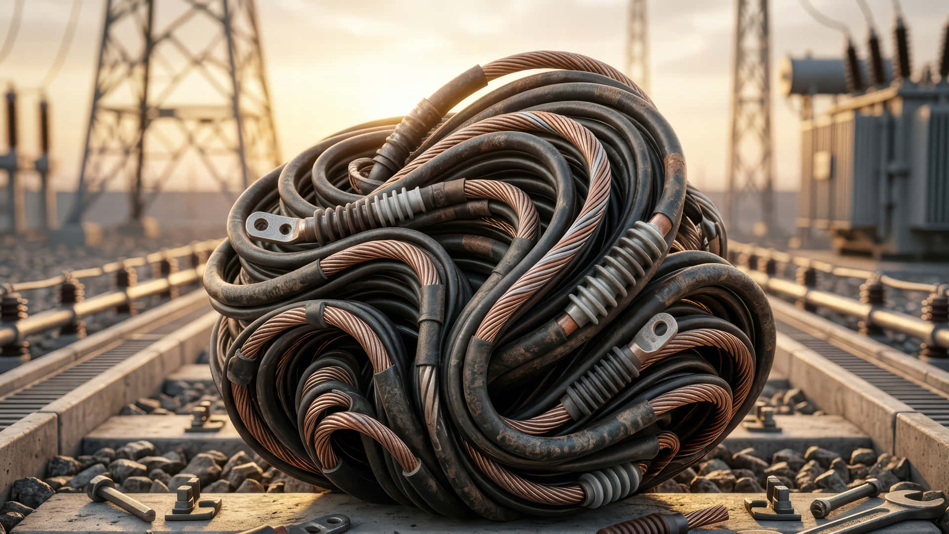 High Tension wires Bloom modded wallpaper for desktop Enhancement, 壁紙 — 一束巨大的風化銅和黑色絕緣電源線圈放置在黃金時段的變電站鐵軌上。
