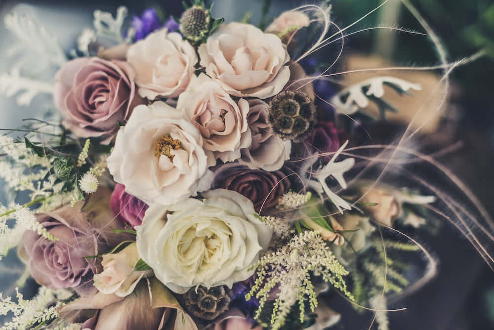 Flowers 桌布 壁紙 — 一束柔和的浪漫花束，以淡粉和奶油色玫瑰為主，點綴乾草和柔和的紫色花朵。