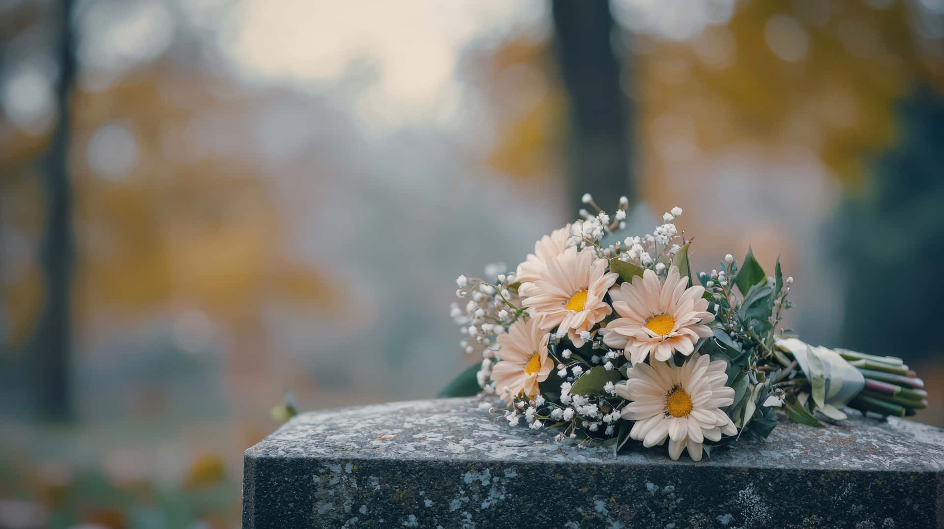 A gentle bouquet of white daisies placed on a gravestone, symbolizing remembrance and grief 壁紙 — 一束柔和的蜜桃雛菊滿天星輕輕放在長滿苔蘚的灰色墓碑上，背景是模糊的秋日森林。