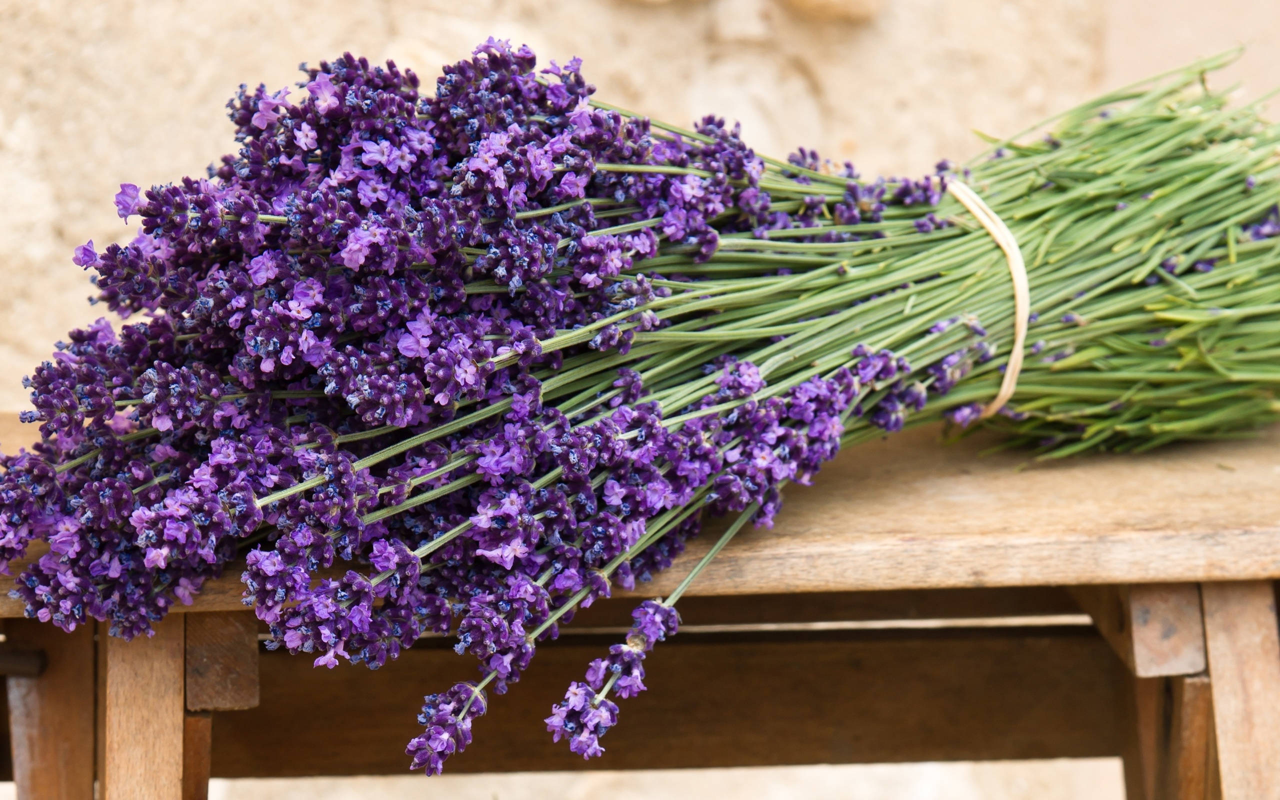 Lavender 桌布 壁紙 — 一束用麻繩綁著的鮮豔紫色薰衣草花，放在石牆前的質樸木桌上。