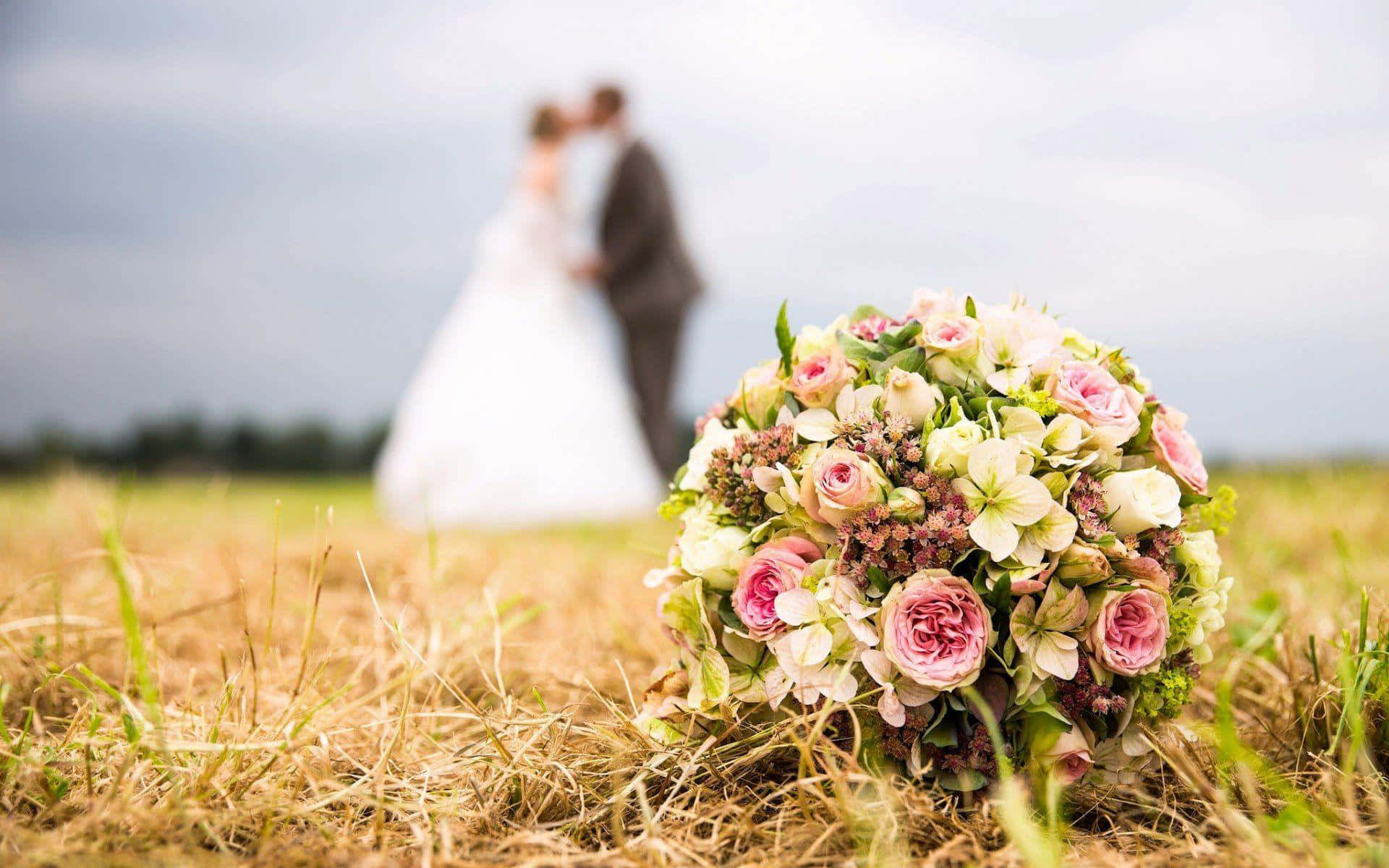 Wedding Couple 桌布 壁紙 — 一束由粉紅玫瑰和繡球花組成的鮮豔婚禮花束放在金色草地上，背景中有一對模糊的情侶在接吻。