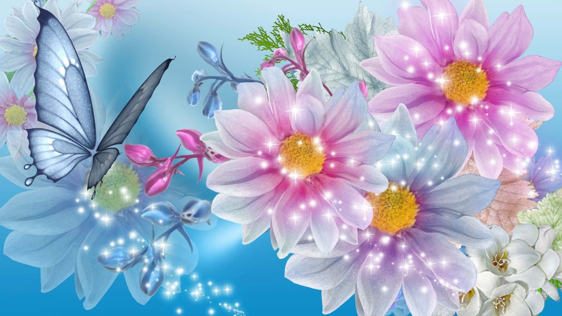 Pretty Flower 桌布 壁紙 — 一束神奇的發光粉紅色和藍色花朵，帶有閃爍的蝴蝶，背景是柔和的天藍色。