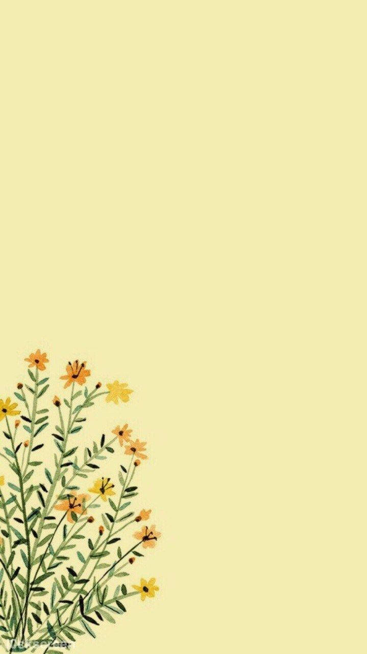 鵝黃色美學 桌布 壁紙 — 一束精緻的水彩橙色和黃色野花，帶有綠色莖，在柔和的淡黃色背景左下角綻放。