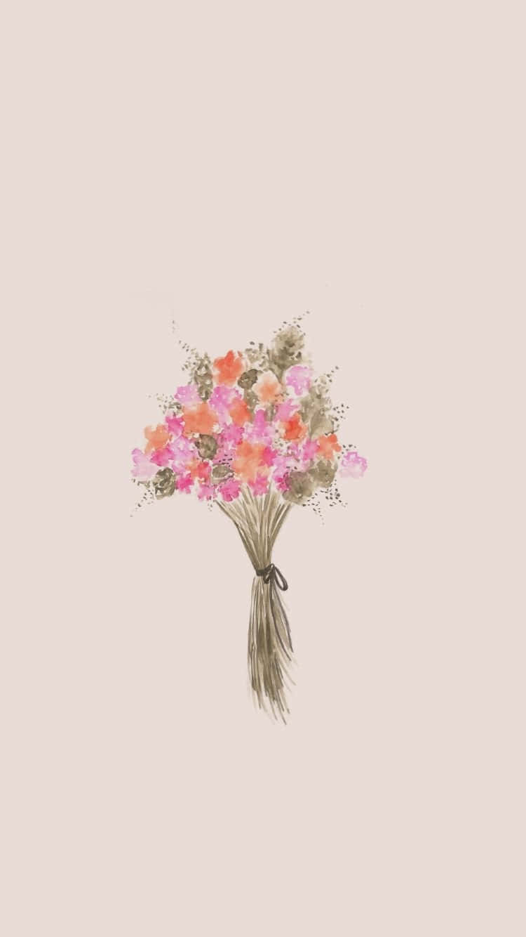 Minimalist Flower Computer 桌布 壁紙 — 一束精緻的水彩花束，包含粉紅、橙色和柔和綠色花朵，以深色絲帶綁紮，襯以柔軟的米色背景。