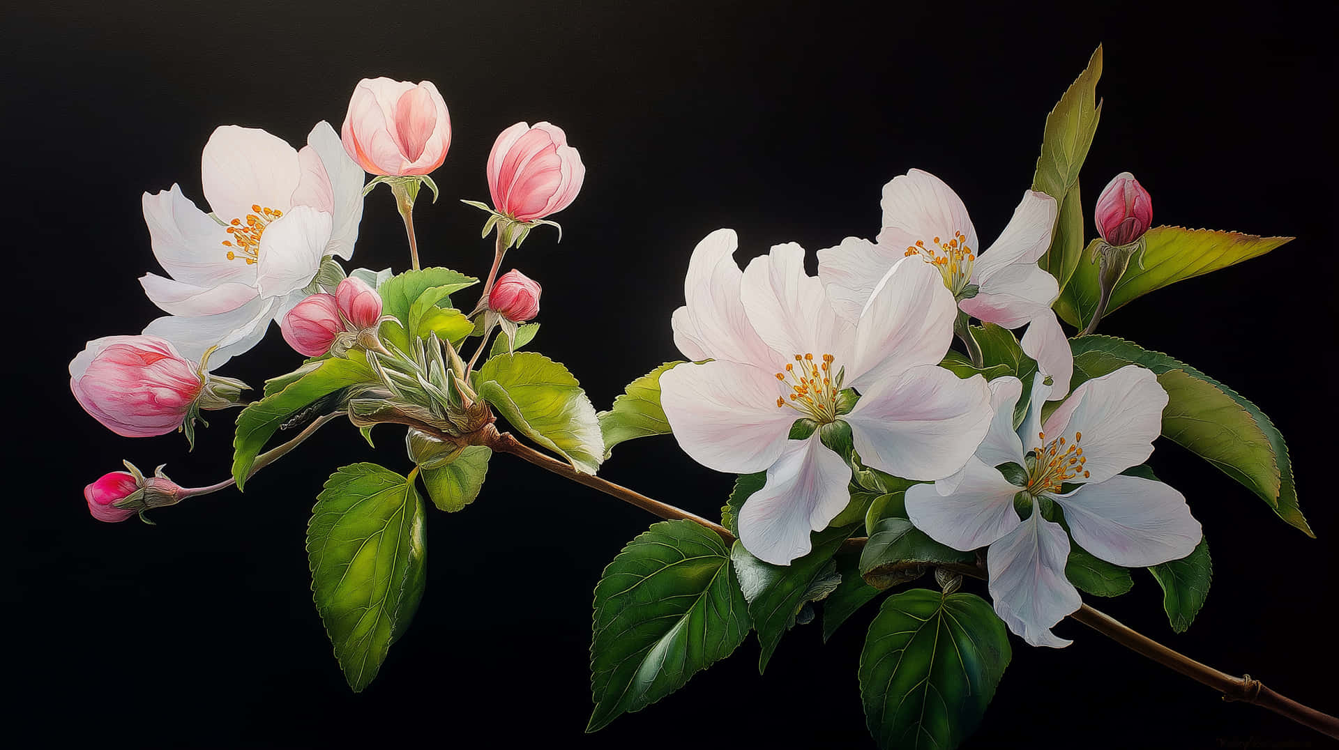 Delicate Blossoms on a Branch against Deep Ground 壁紙 — 一束精緻的白粉紅蘋果花，帶有綠葉，襯托在純黑背景上。